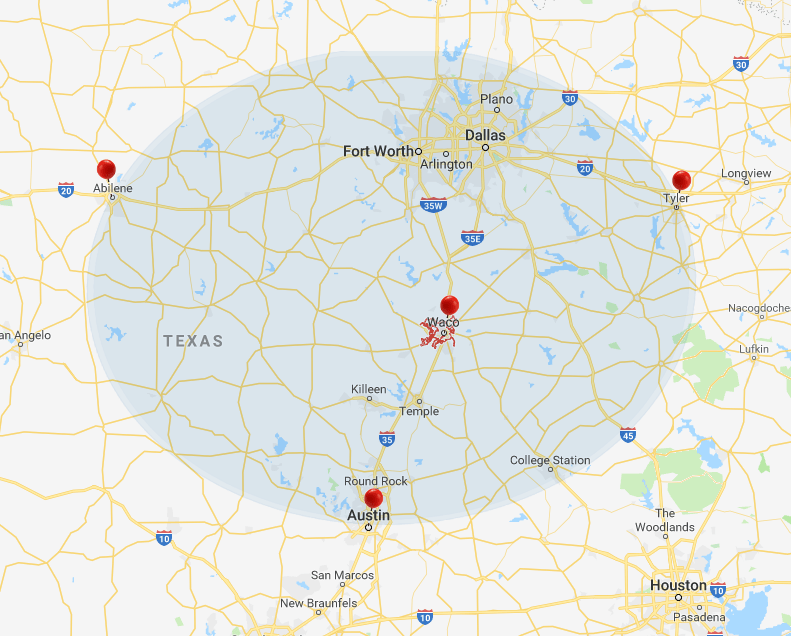 Map highlighting Waco, Texas, with notable cities like Fort Worth, Dallas, Abilene, Austin, and Tyler marked, illustrating regional connectivity.