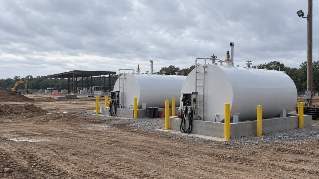 Two large, white fuel tanks with dispensers sit on a gravel pad in a construction site, alongside an unfinished building framework.